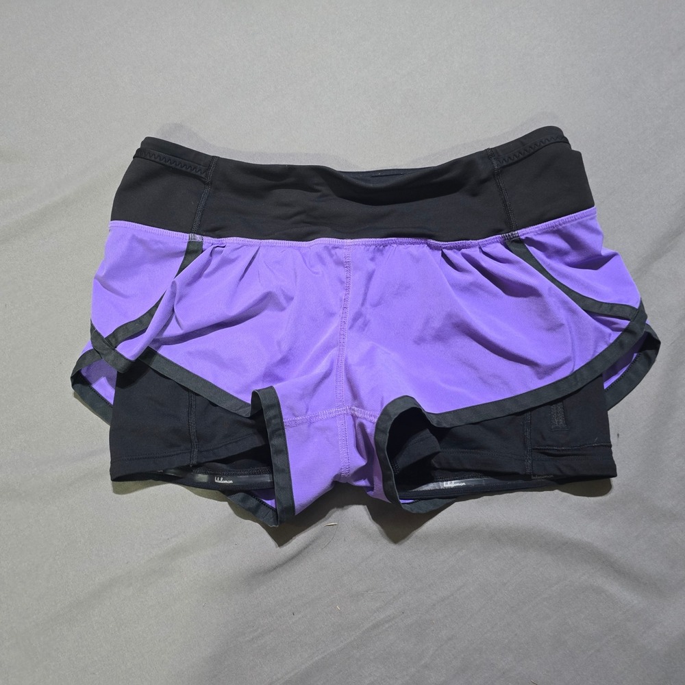 Lululemon Run Speed Squad Shorts Women Size 6 Purple Black 2-in-1 Layered